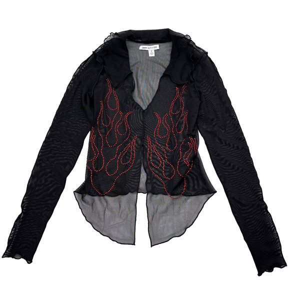 Urban Outfitters Black Mesh Flame Rhinestone Split Front Sheer Long Sleeve Small - Picture 1 of 9